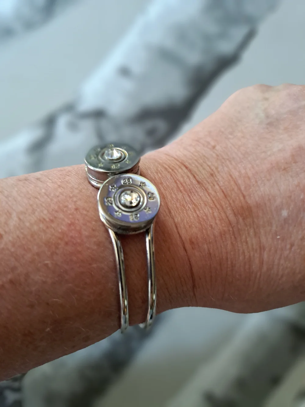 Spent Rounds Bullet Bracelet - 28 Gauage Silvertone Double-Disc Bangle